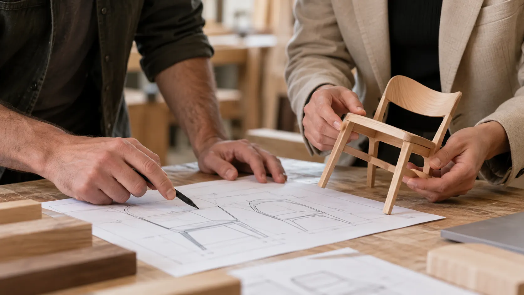 Furniture manufacturer and designer reviewing technical drawings with a wooden chair prototype model