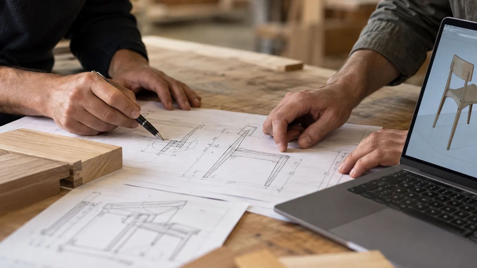 Two people reviewing furniture technical drawings with a laptop showing a 3D chair model in a workshop