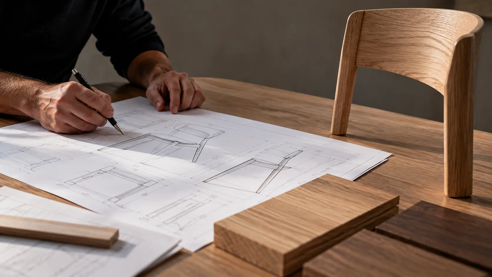 Furniture production schedule and technical drawings on a workshop table