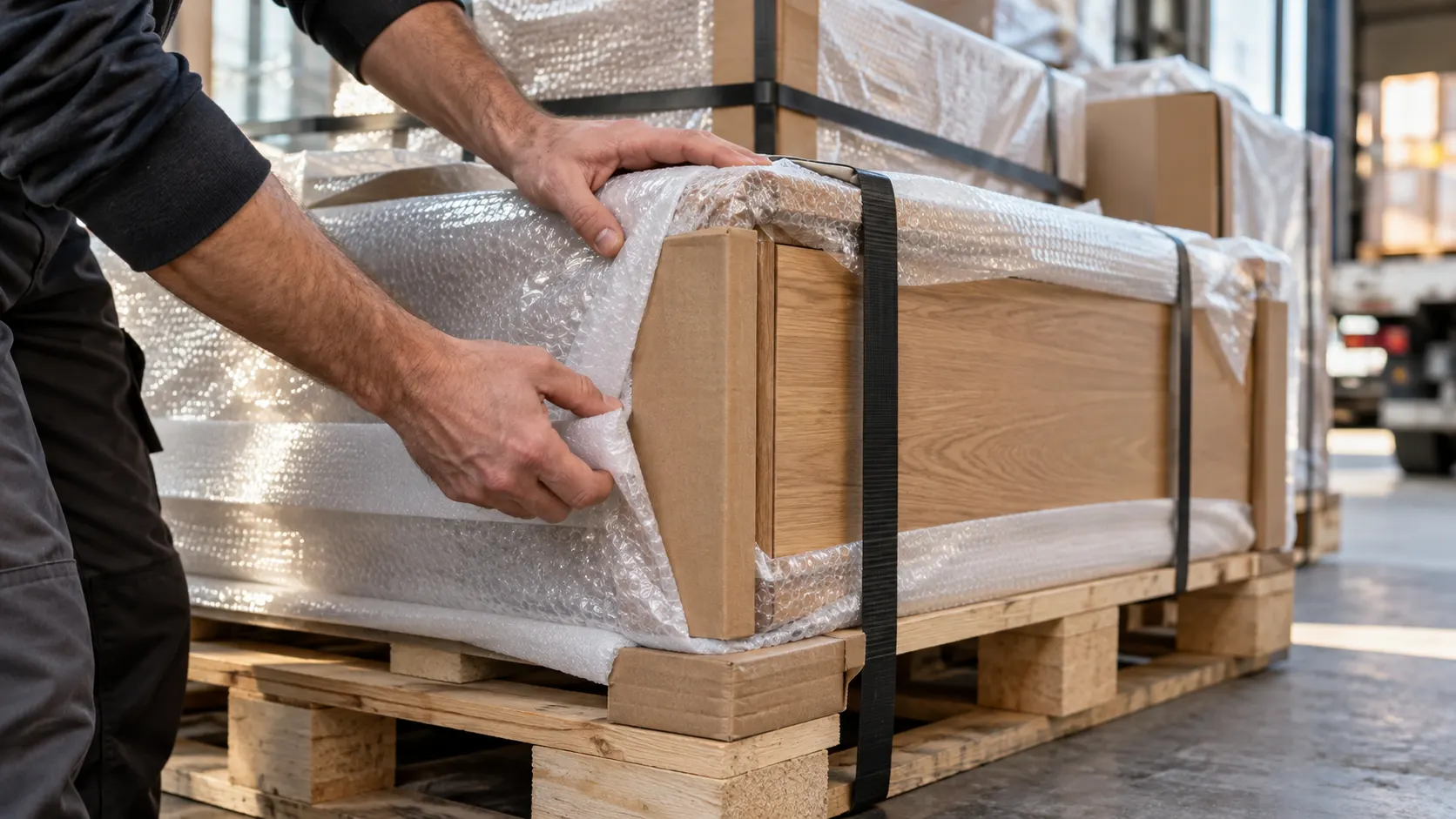 Solid wood furniture wrapped in bubble wrap with cardboard corner protection on export pallet