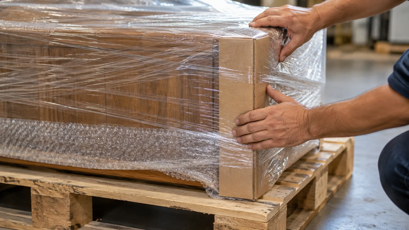 Solid wood furniture wrapped in bubble wrap and stretch film on export pallet for international shipping