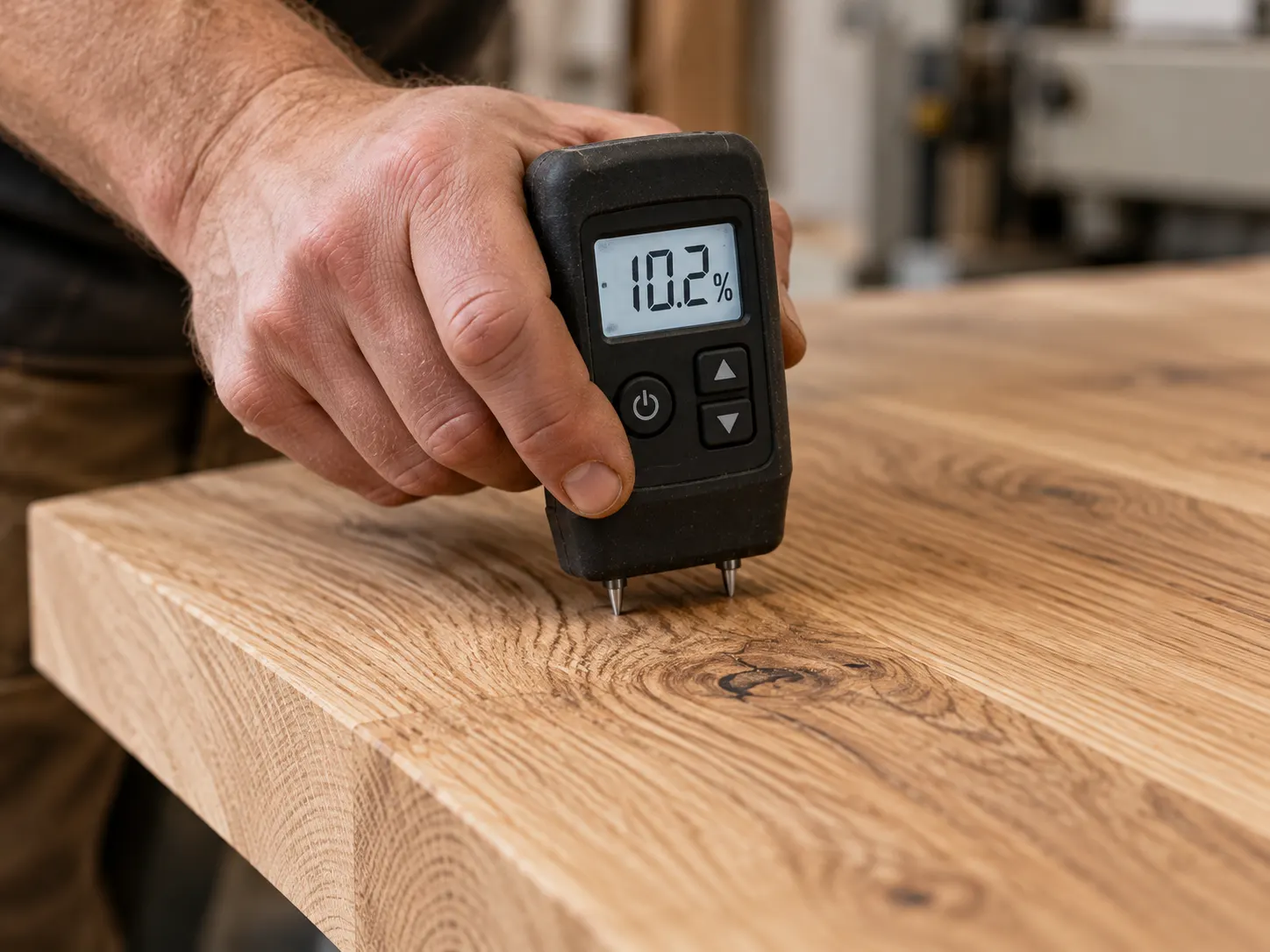 Moisture meter reading on an oak board before machining