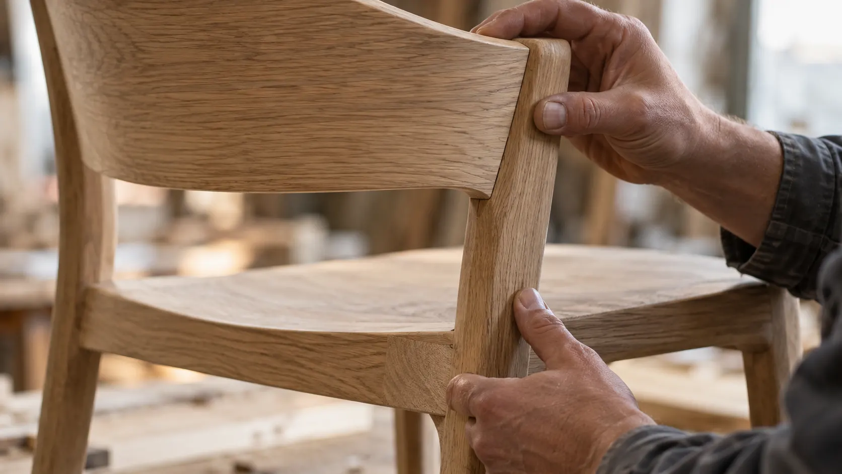 Craftsman hands checking solid oak chair back and seat joint assembly in furniture workshop