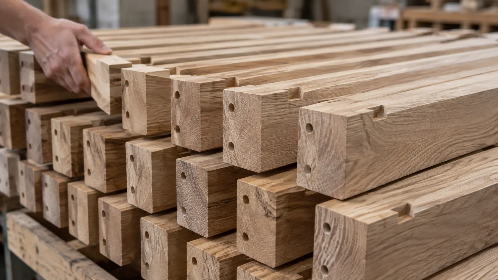 Batch of machined solid oak furniture table legs stacked with dowel holes ready for assembly