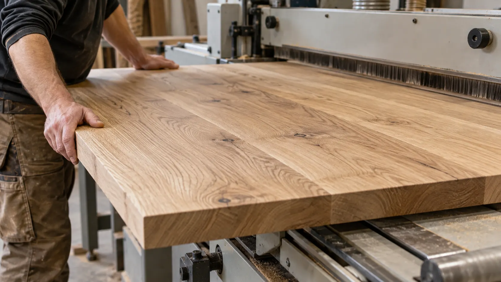 Solid oak furniture components on a production line in a European furniture factory