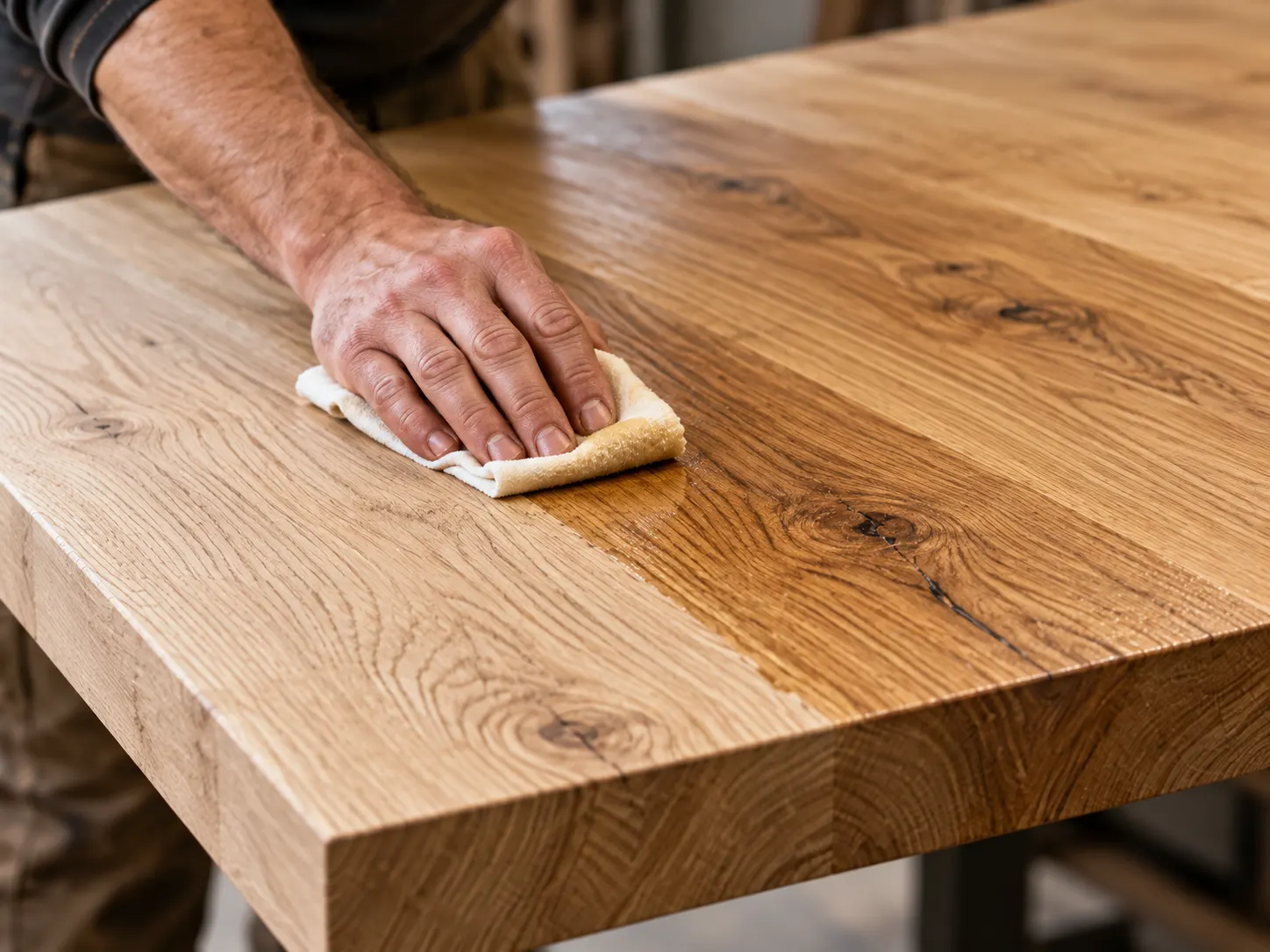 Hardwax oil finish being applied to a solid oak table top