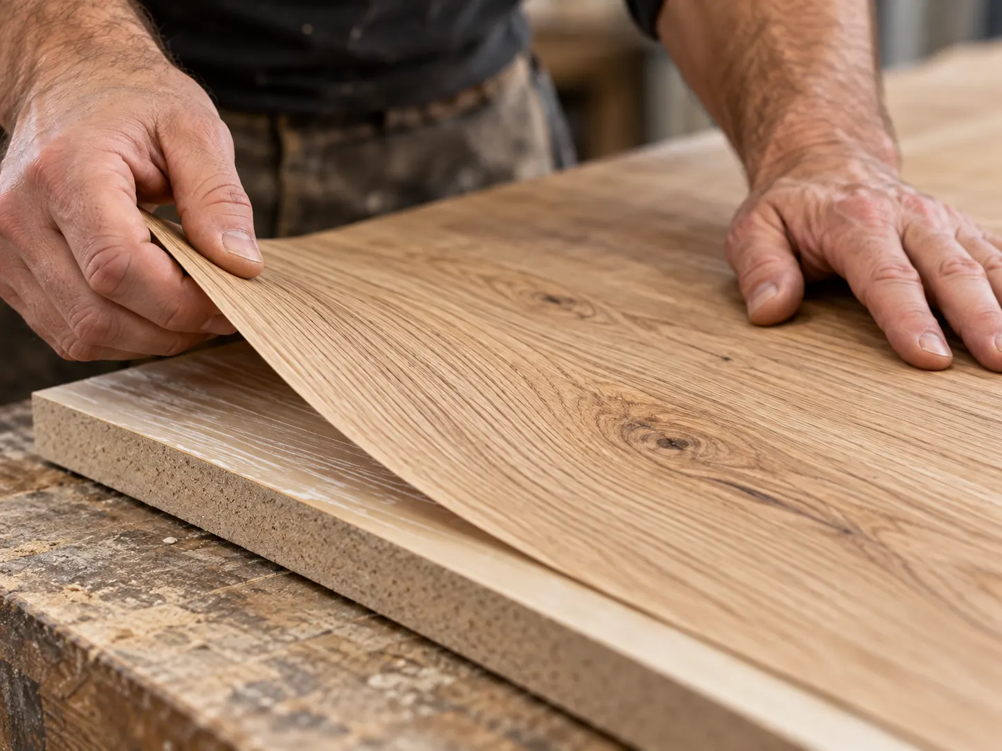 Oak veneer sheet being laid onto a panel substrate