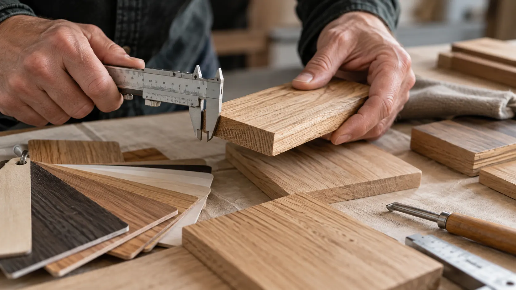Wood material samples with caliper measurement during furniture material selection
