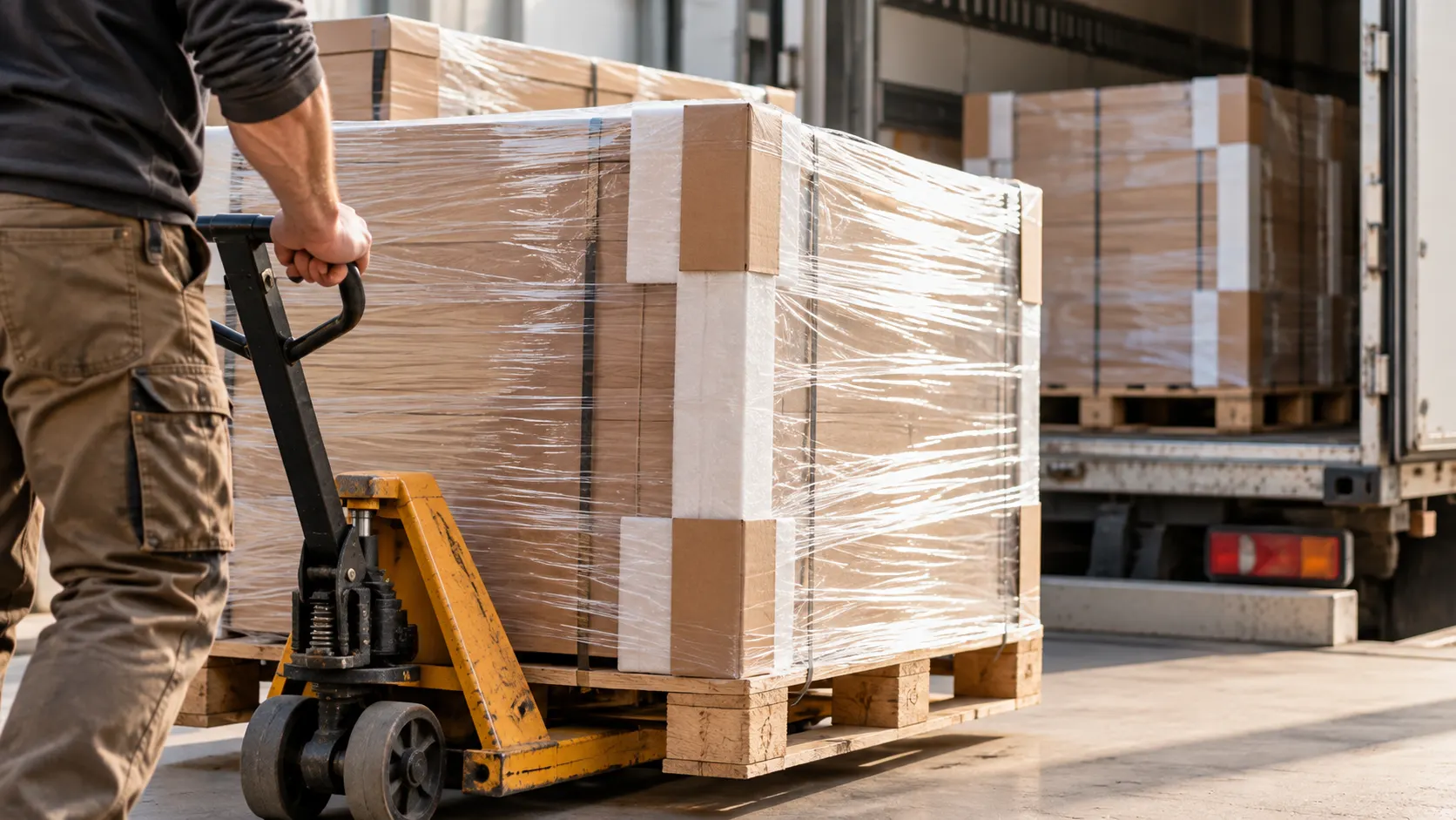 Packed furniture components staged for export from Bosnia and Herzegovina